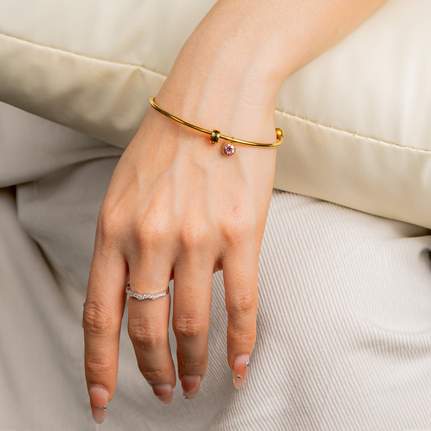 Best Friend Gift- Personalized Engravable Bead Name Cuff Bracelet With Birthstone