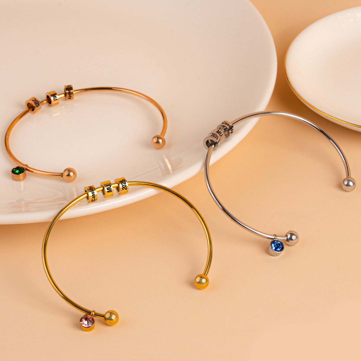 Graduation Gift - Personalized Engravable Bead Name Cuff Bracelet With Birthstone