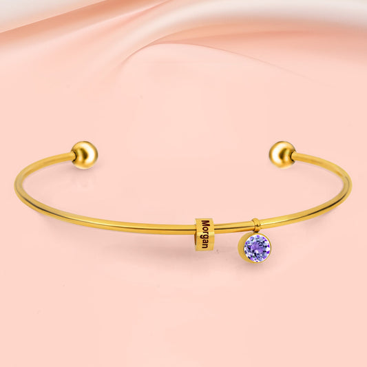 Best Friend Gift- Personalized Engravable Bead Name Cuff Bracelet With Birthstone
