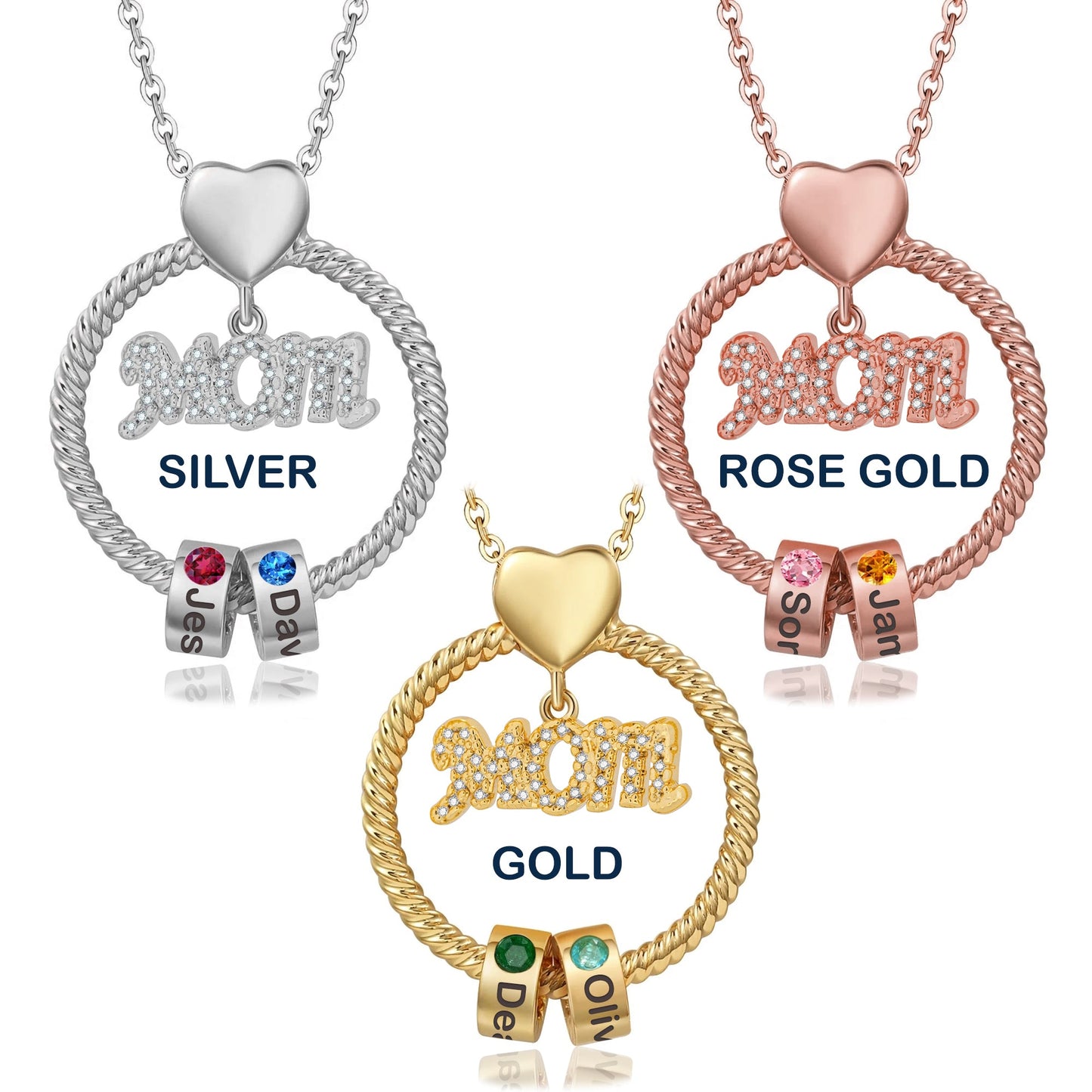 Mother's Day Gift Engraved Names - Personalized Circle Pendant With Birthstone Beads Necklace